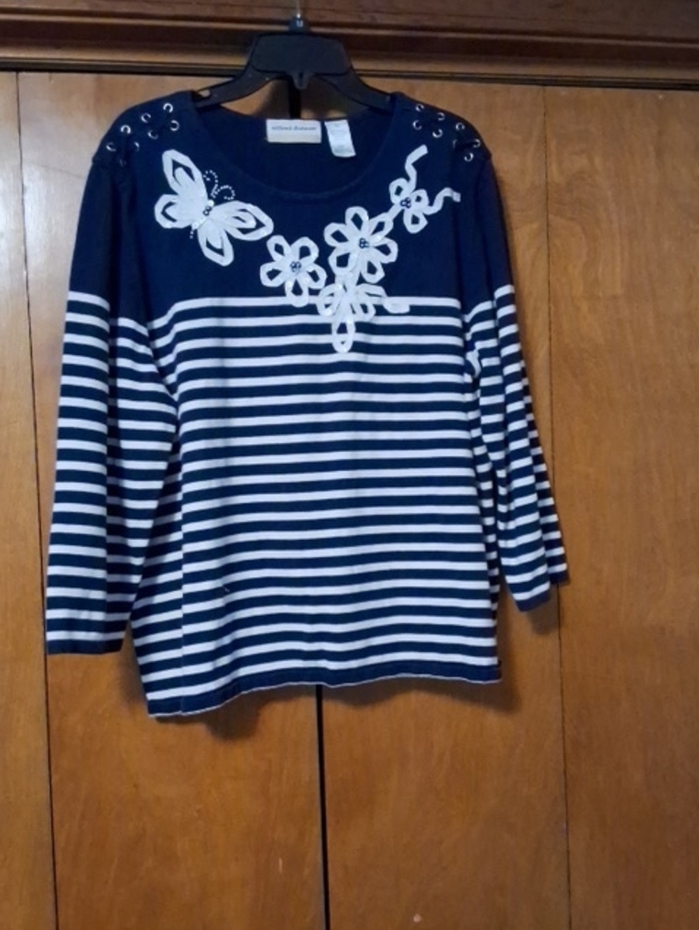 Alfred Dunner Navy and White Striped Long Sleeve Tee with Floral Appliqué